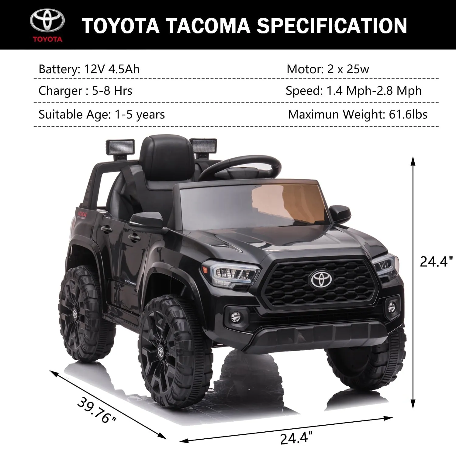 Track 7 Ride on Car with Remote Control, 12V Toyota Tacoma Electric Car for Boys Girls Age 3 , AUX/FM/USB, Storage Truck, Black