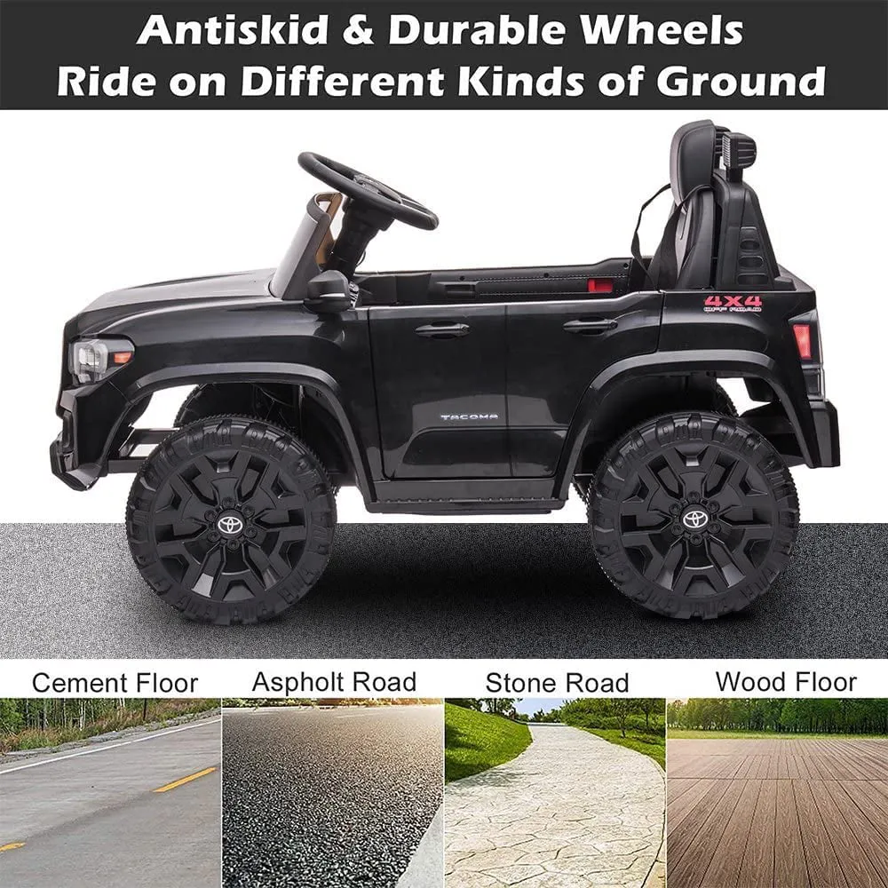 Track 7 Ride on Car with Remote Control, 12V Toyota Tacoma Electric Car for Boys Girls Age 3 , AUX/FM/USB, Storage Truck, Black