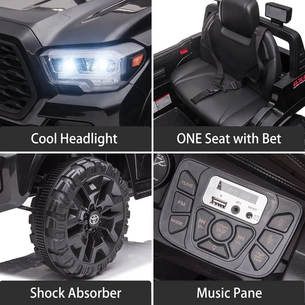 Track 7 Ride on Car with Remote Control, 12V Toyota Tacoma Electric Car for Boys Girls Age 3 , AUX/FM/USB, Storage Truck, Black