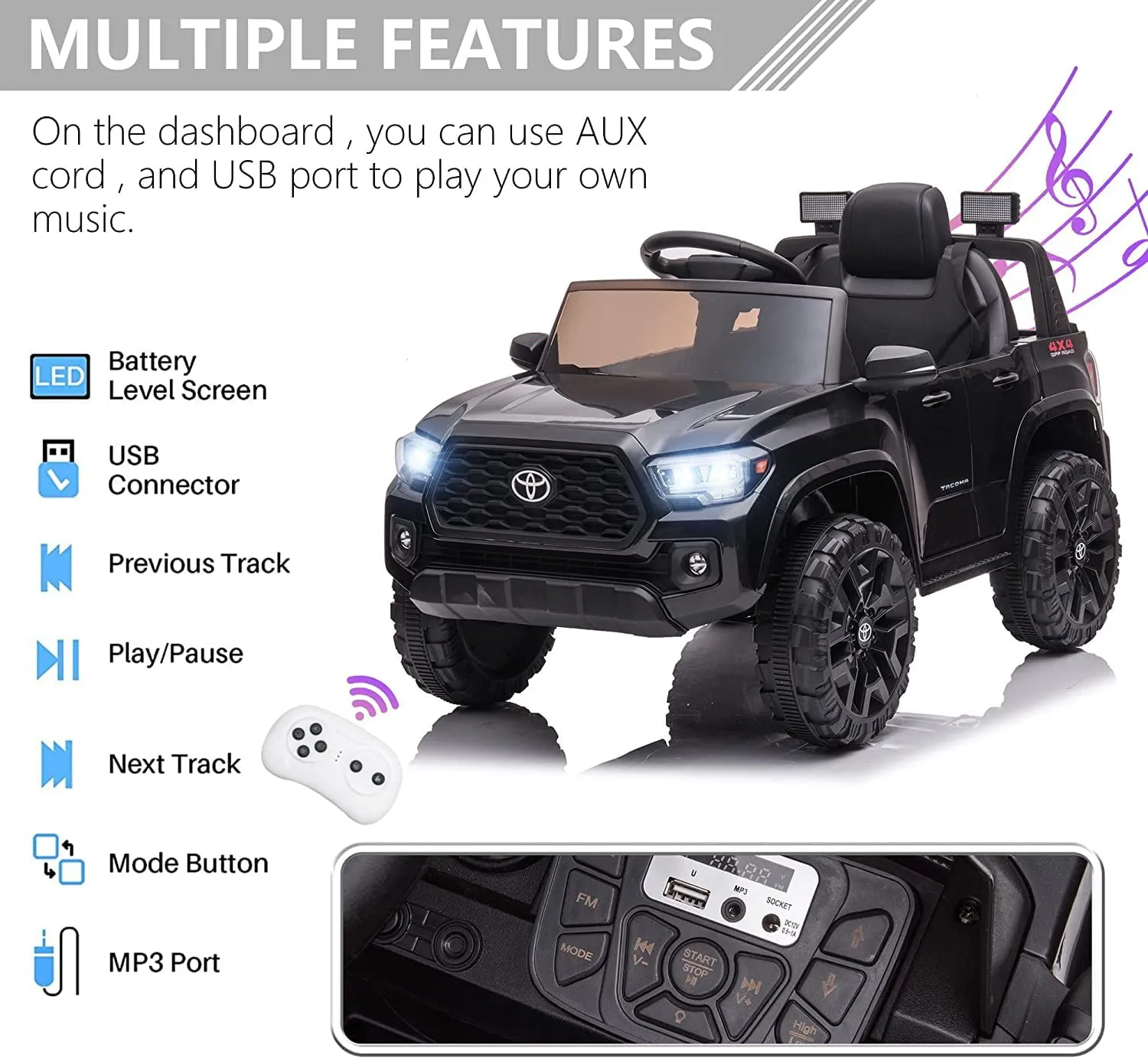 Track 7 Ride on Car with Remote Control, 12V Toyota Tacoma Electric Car for Boys Girls Age 3 , AUX/FM/USB, Storage Truck, Black