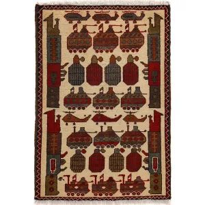 Traditional Hand Knotted Tank Helicopter Afghan War Pictorial Rug