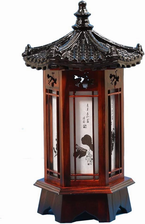 Traditional Korean Wood Lamp | Handmade Asian Oriental Table Lantern | Bedside Bedroom Accent Light | Unique Gift Idea | Hexagonal Design (Brown) (Pavilion L)