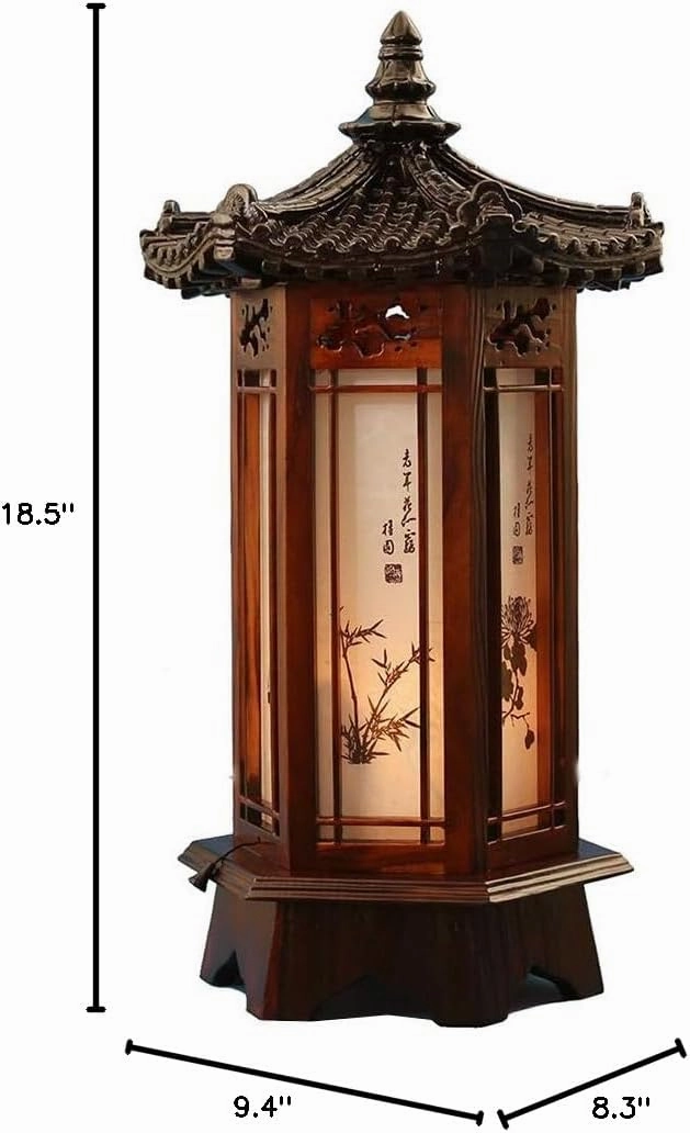 Traditional Korean Wood Lamp | Handmade Asian Oriental Table Lantern | Bedside Bedroom Accent Light | Unique Gift Idea | Hexagonal Design (Brown) (Pavilion L)