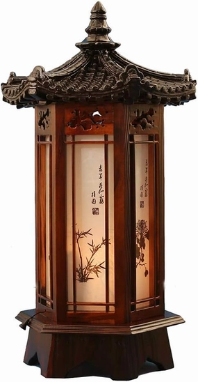 Traditional Korean Wood Lamp | Handmade Asian Oriental Table Lantern | Bedside Bedroom Accent Light | Unique Gift Idea | Hexagonal Design (Brown) (Pavilion L)