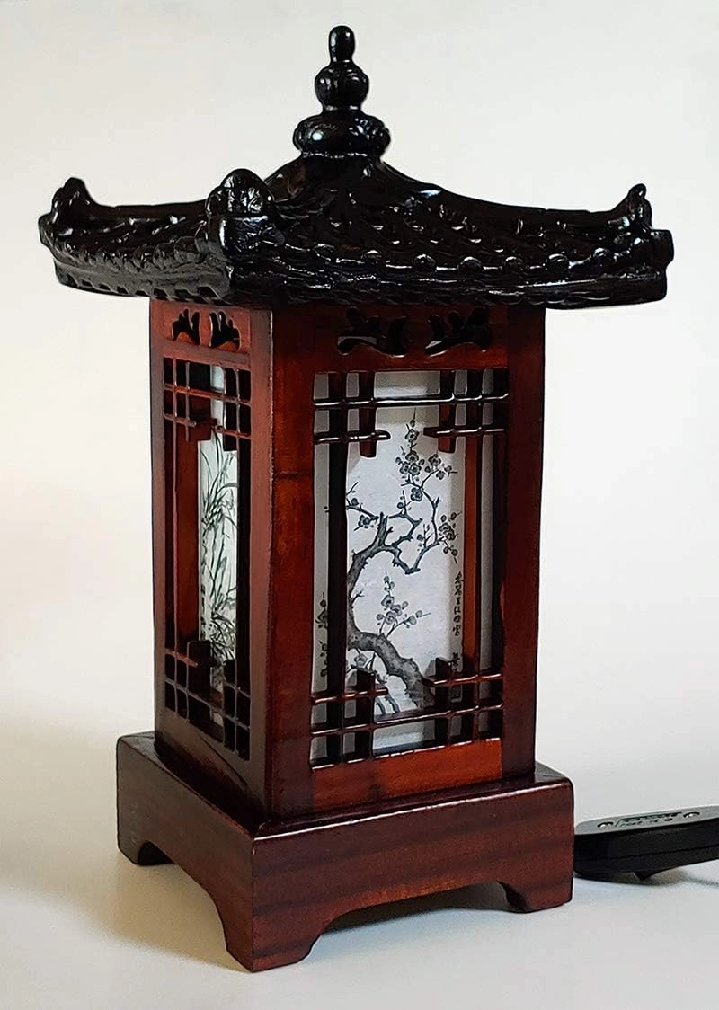 Traditional Korean Wood Lamp | Handmade Asian Oriental Table Lantern | Bedside Bedroom Accent Light | Unique Gift Idea | Pagoda Design (Brown) (House)