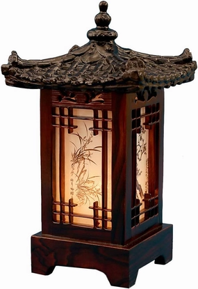 Traditional Korean Wood Lamp | Handmade Asian Oriental Table Lantern | Bedside Bedroom Accent Light | Unique Gift Idea | Pagoda Design (Brown) (House)