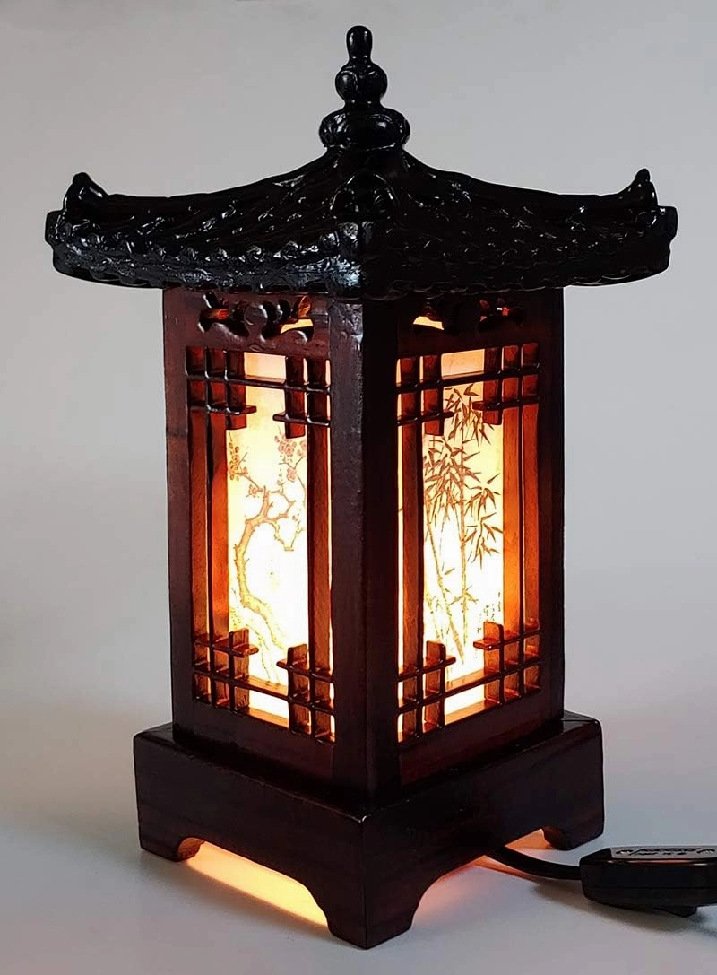 Traditional Korean Wood Lamp | Handmade Asian Oriental Table Lantern | Bedside Bedroom Accent Light | Unique Gift Idea | Pagoda Design (Brown) (House)