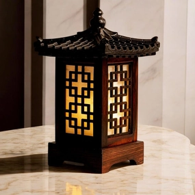 Traditional Korean Wood Lamp | Handmade Asian Oriental Table Lantern | Bedside Bedroom Accent Light | Unique Gift Idea | Pagoda Design (Brown) (Lattice Window)