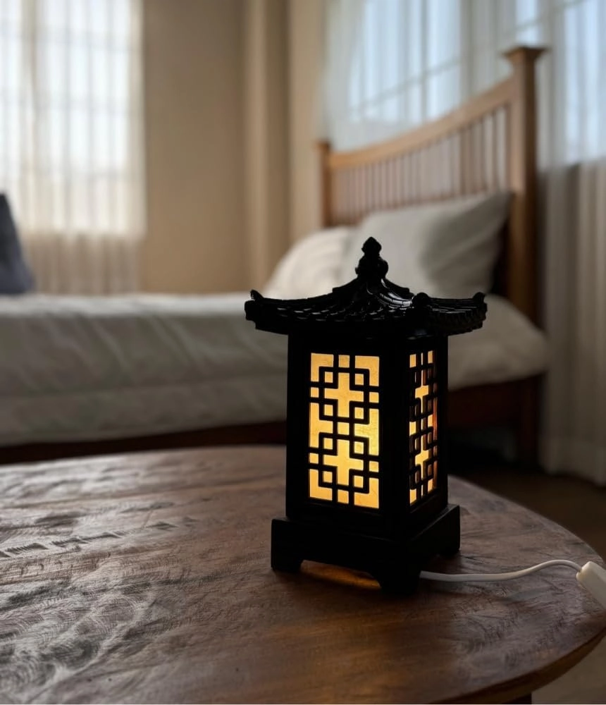 Traditional Korean Wood Lamp | Handmade Asian Oriental Table Lantern | Bedside Bedroom Accent Light | Unique Gift Idea | Pagoda Design (Brown) (Lattice Window)