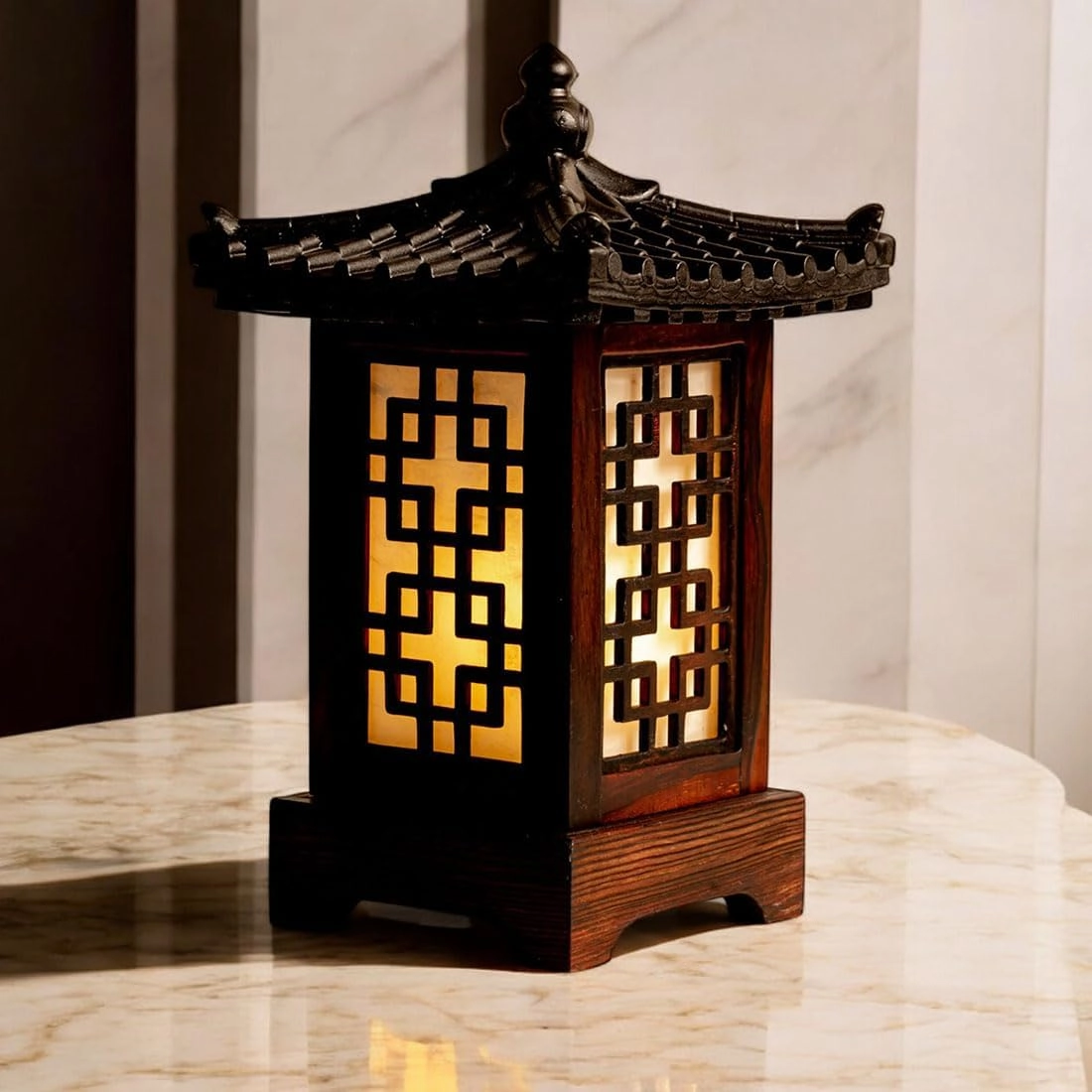 Traditional Korean Wood Lamp | Handmade Asian Oriental Table Lantern | Bedside Bedroom Accent Light | Unique Gift Idea | Pagoda Design (Brown) (Lattice Window)