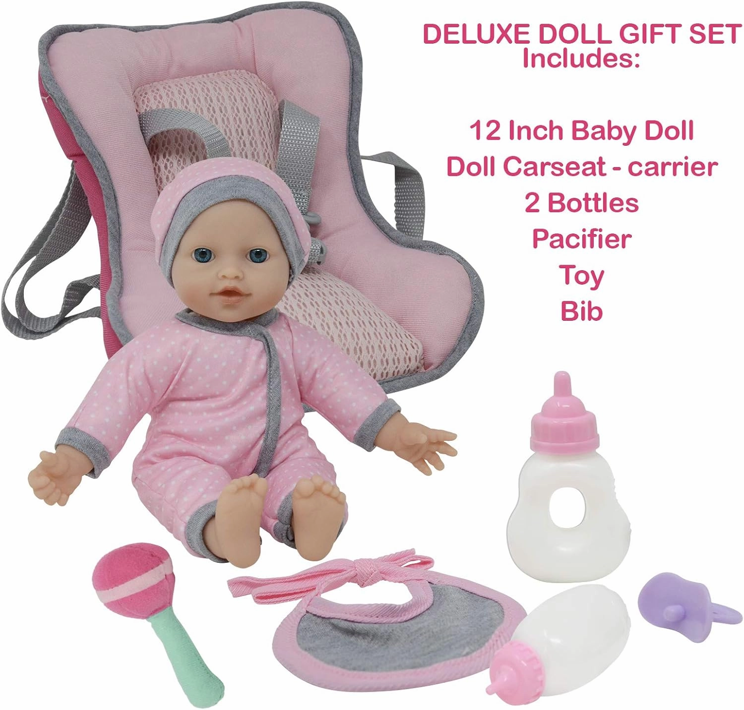 Travel PlaySet - Baby Doll Car Seat Carrier Backpack with 12 Inch Soft Body Doll, Bottles & Toy Accessories (Caucasian)