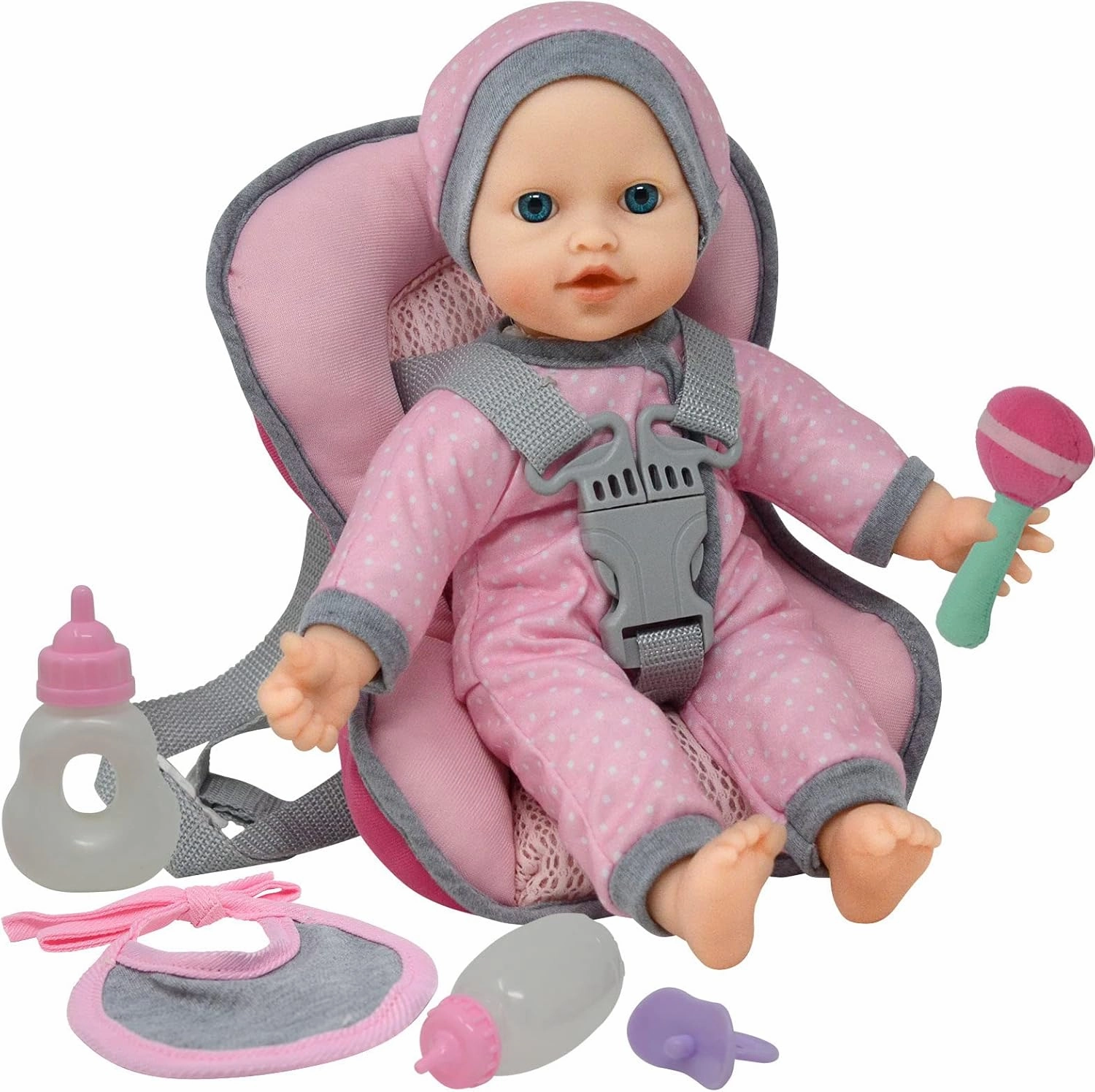 Travel PlaySet - Baby Doll Car Seat Carrier Backpack with 12 Inch Soft Body Doll, Bottles & Toy Accessories (Caucasian)