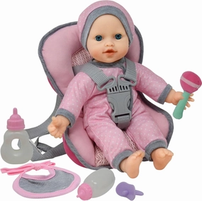 Travel PlaySet - Baby Doll Car Seat Carrier Backpack with 12 Inch Soft Body Doll, Bottles & Toy Accessories (Caucasian)