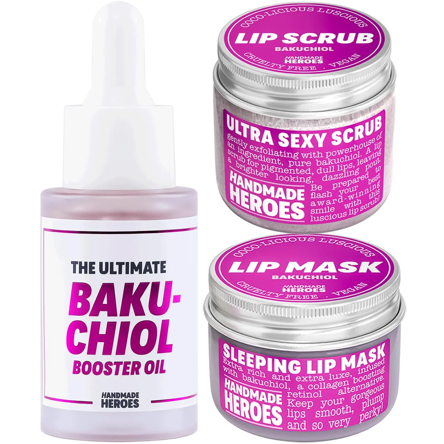 Trio Bakuchiol Face Bundle - Bakuchiol Face Oil, Lip Scrub and Mask
