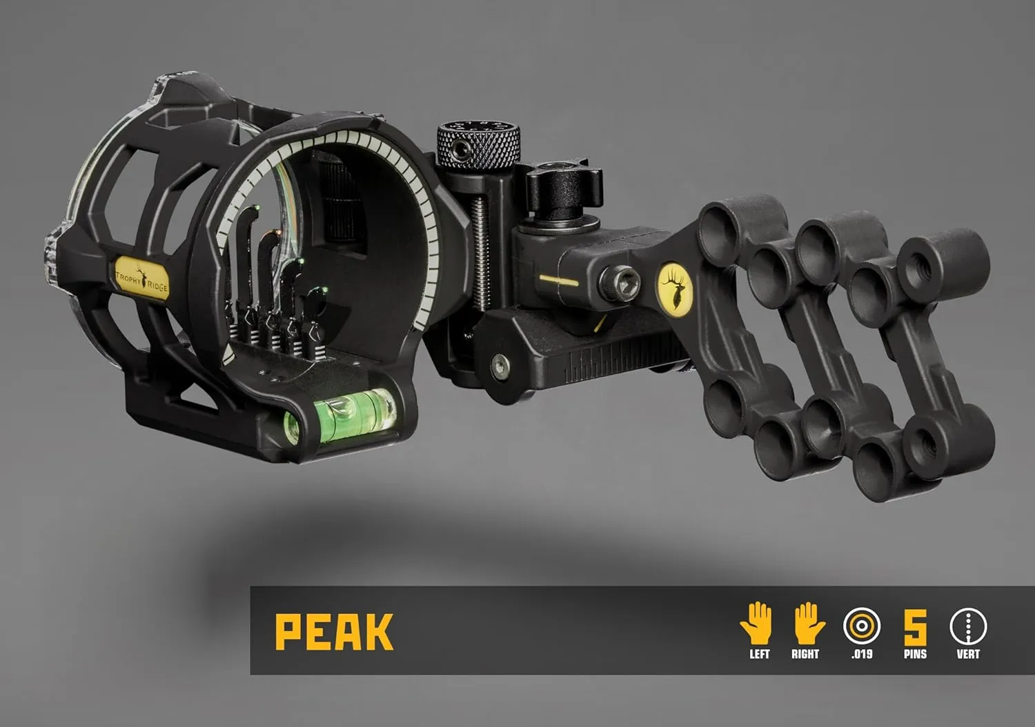 Trophy Ridge Peak 5 Pin Bow Sight - Vertical in-Line Pin Technology, Tool Less Windage and Elevation Adustability, 2nd Axis Leveling, Adjustable Rheostat Light, Glow Ring