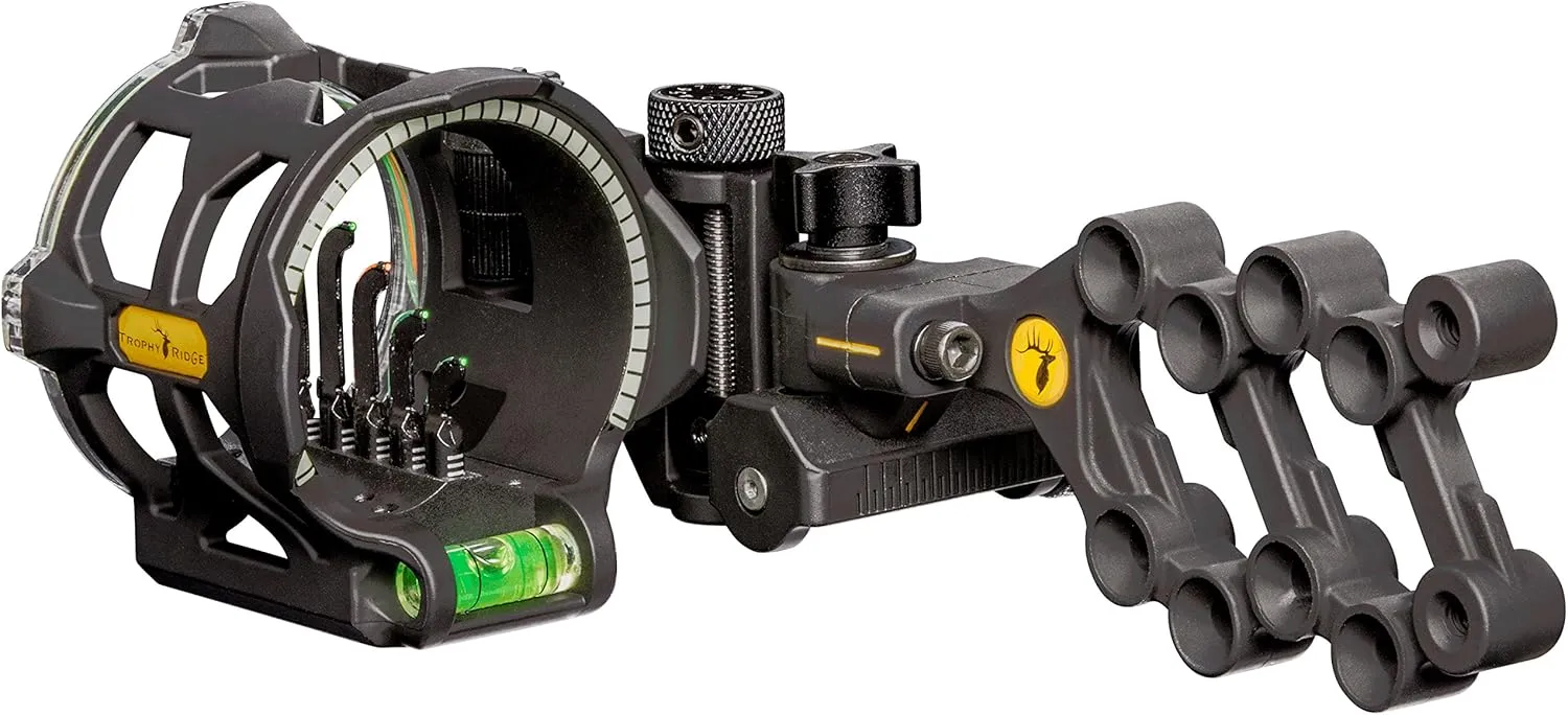 Trophy Ridge Peak 5 Pin Bow Sight - Vertical in-Line Pin Technology, Tool Less Windage and Elevation Adustability, 2nd Axis Leveling, Adjustable Rheostat Light, Glow Ring