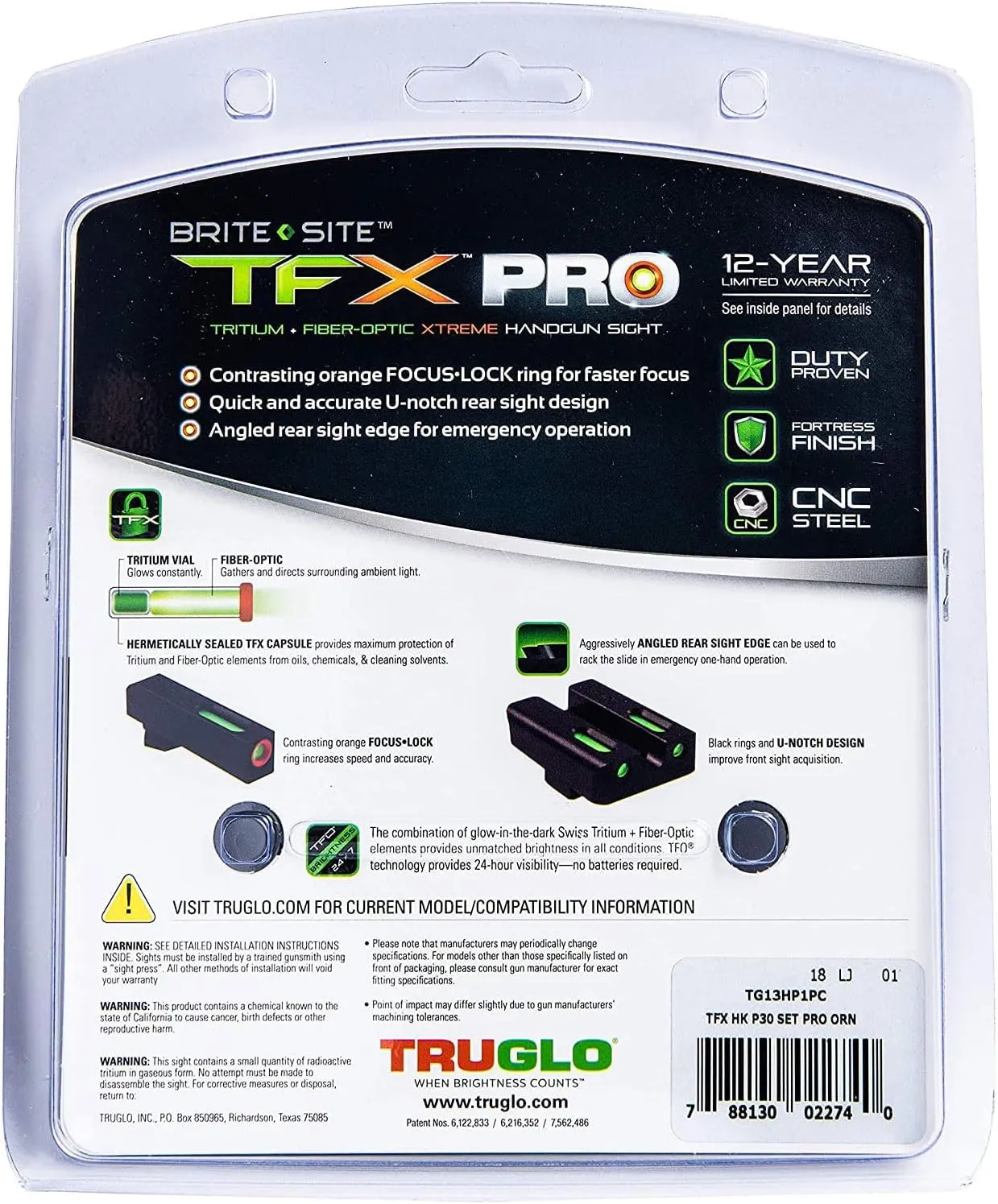 Truglo TFX PRO Handgun Sight, Glowing Shock Proof Tritium and Fiber Optic Night Sight for Handguns, Compact, Durable, and Snag Free Sight