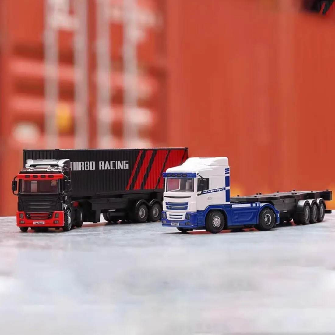 Turbo Racing 1/76 RC Drift Car, 2.4G RC 3CH Electric 4WD Truck Tractor Model, Mini Desktop RC Car Model, Creative Remote Control Car (RTR Version/Blue White)