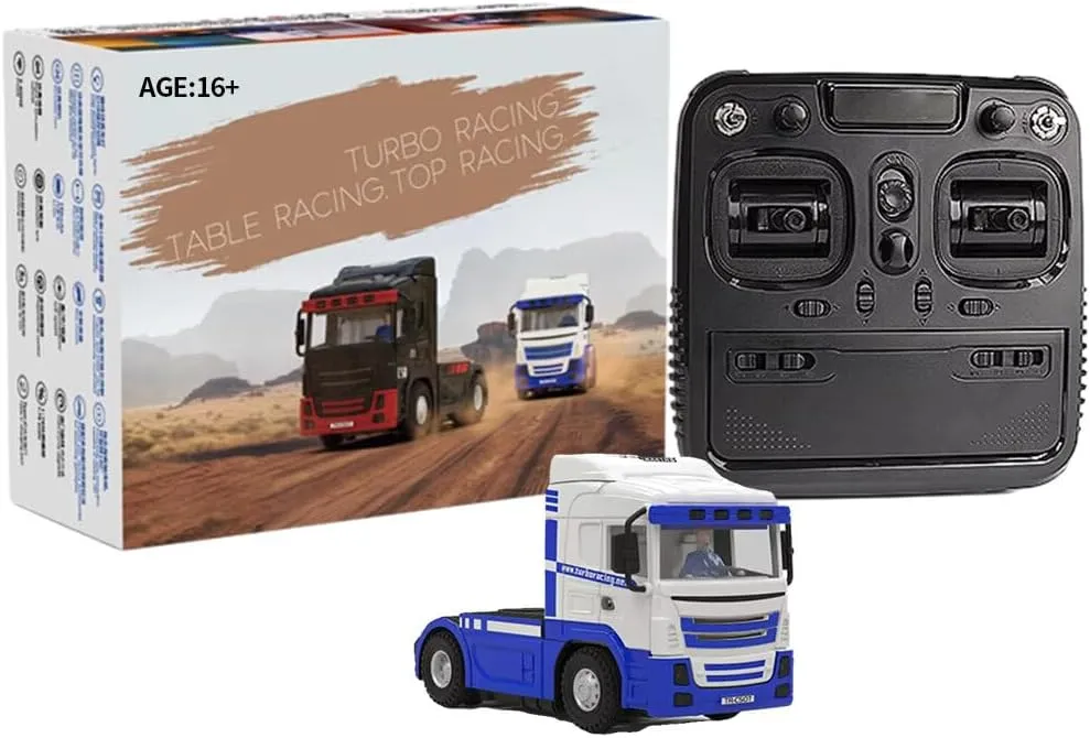 Turbo Racing 1/76 RC Drift Car, 2.4G RC 3CH Electric 4WD Truck Tractor Model, Mini Desktop RC Car Model, Creative Remote Control Car (RTR Version/Blue White)