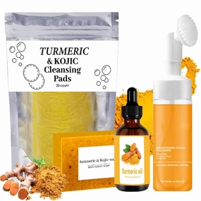 Turmeric Soap, Turmeric Kojic Cleansing Pads, TurmericFace Wash & Essential Oil - Lemon KojicTurmeric Skincare Cleansing Set for Face & Body Wash, Deep Exfoliating Moisturizing Facial Cleansers