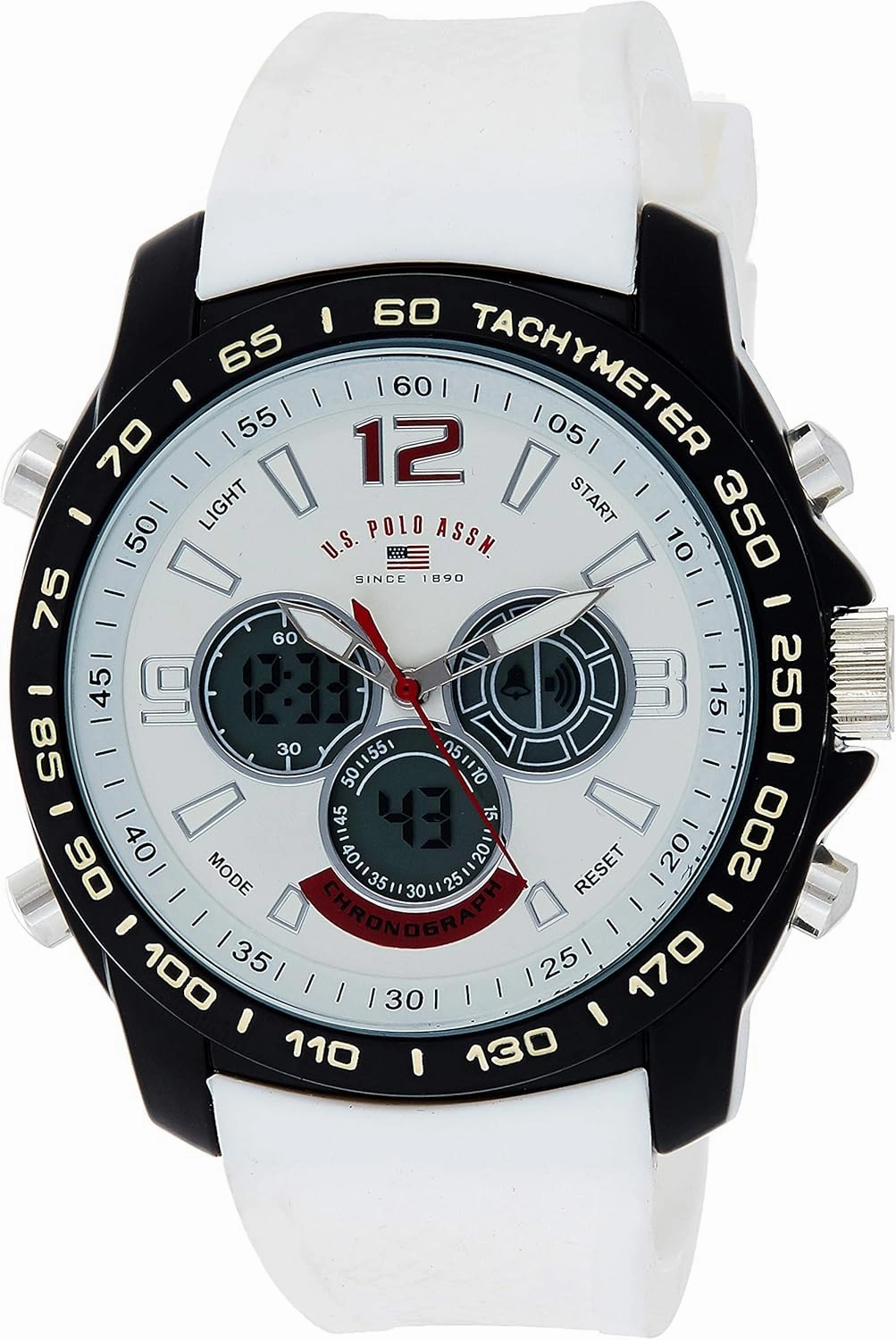 U.S. Polo Assn. Men's Chronograph Sport Watch – Ana-Digital Display with Tachymeter Bezel, Dual Time, Stopwatch & Alarm – White Silicone Strap – 46mm Case – Fits Wrists 5.5" to 8"