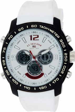 U.S. Polo Assn. Men's Chronograph Sport Watch – Ana-Digital Display with Tachymeter Bezel, Dual Time, Stopwatch & Alarm – White Silicone Strap – 46mm Case – Fits Wrists 5.5" to 8"