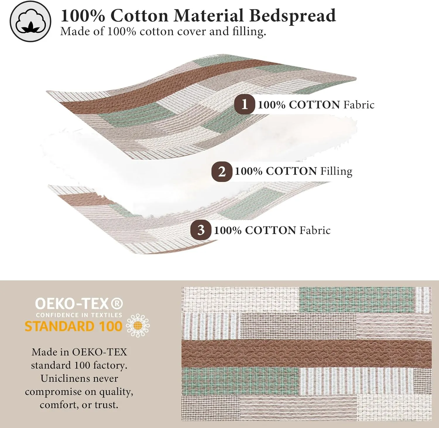 Uniclinens Plaid Quilt Queen Size, 100% Cotton Patchwork Quilt Bedding Set, Brown Lightweight Farmhouse Bedspread/Coverlet/Comforter Set, 3 Pieces Set with 2 Pillowshams, Brown/Green/Cream