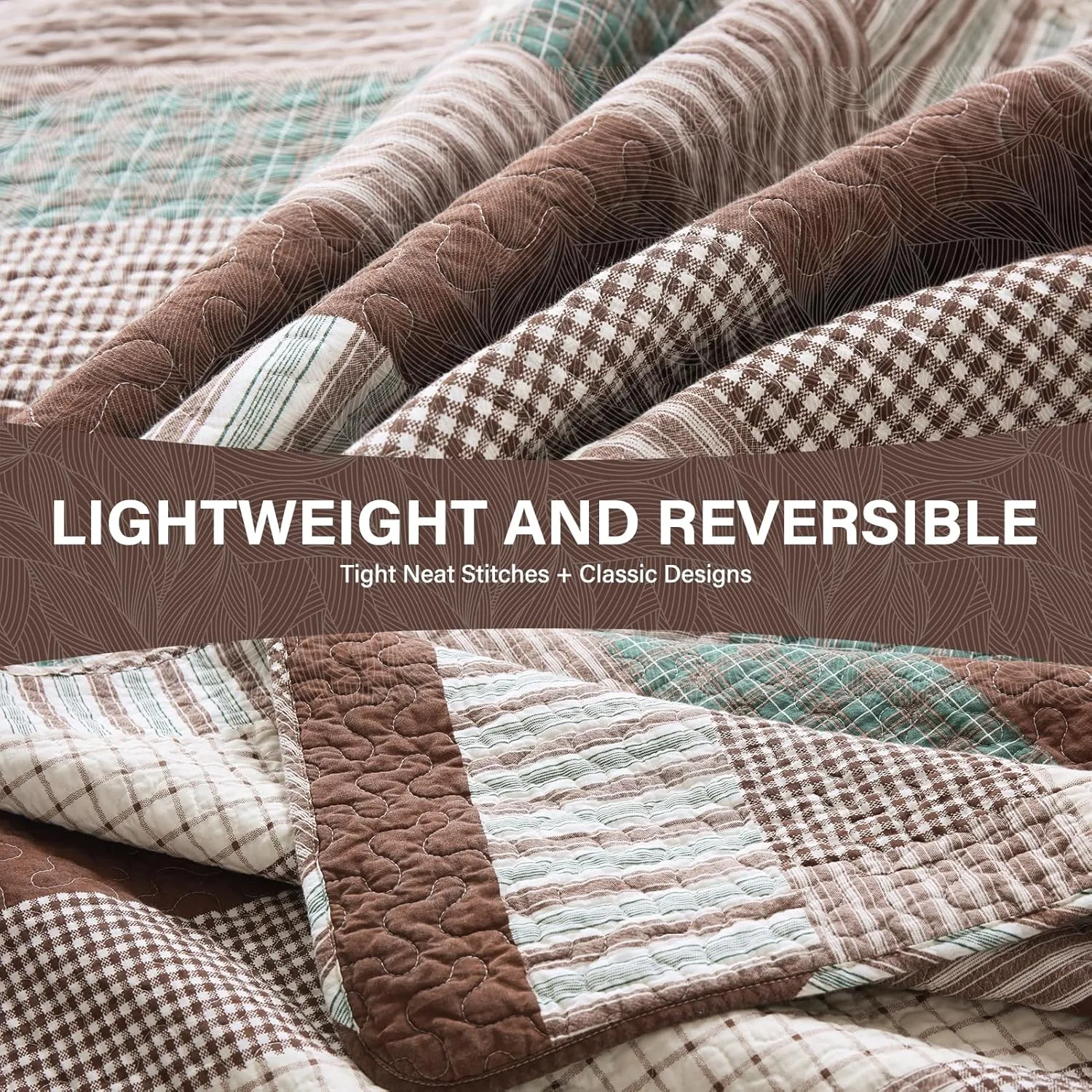 Uniclinens Plaid Quilt Queen Size, 100% Cotton Patchwork Quilt Bedding Set, Brown Lightweight Farmhouse Bedspread/Coverlet/Comforter Set, 3 Pieces Set with 2 Pillowshams, Brown/Green/Cream