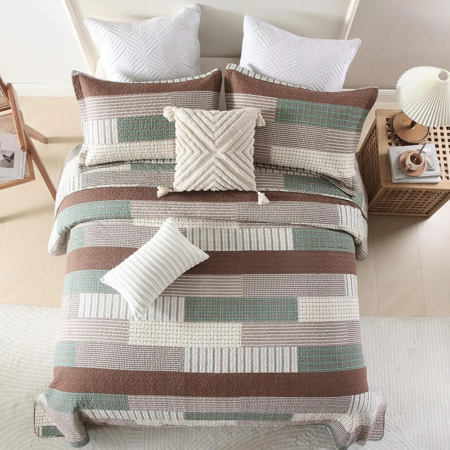 Uniclinens Plaid Quilt Queen Size, 100% Cotton Patchwork Quilt Bedding Set, Brown Lightweight Farmhouse Bedspread/Coverlet/Comforter Set, 3 Pieces Set with 2 Pillowshams, Brown/Green/Cream