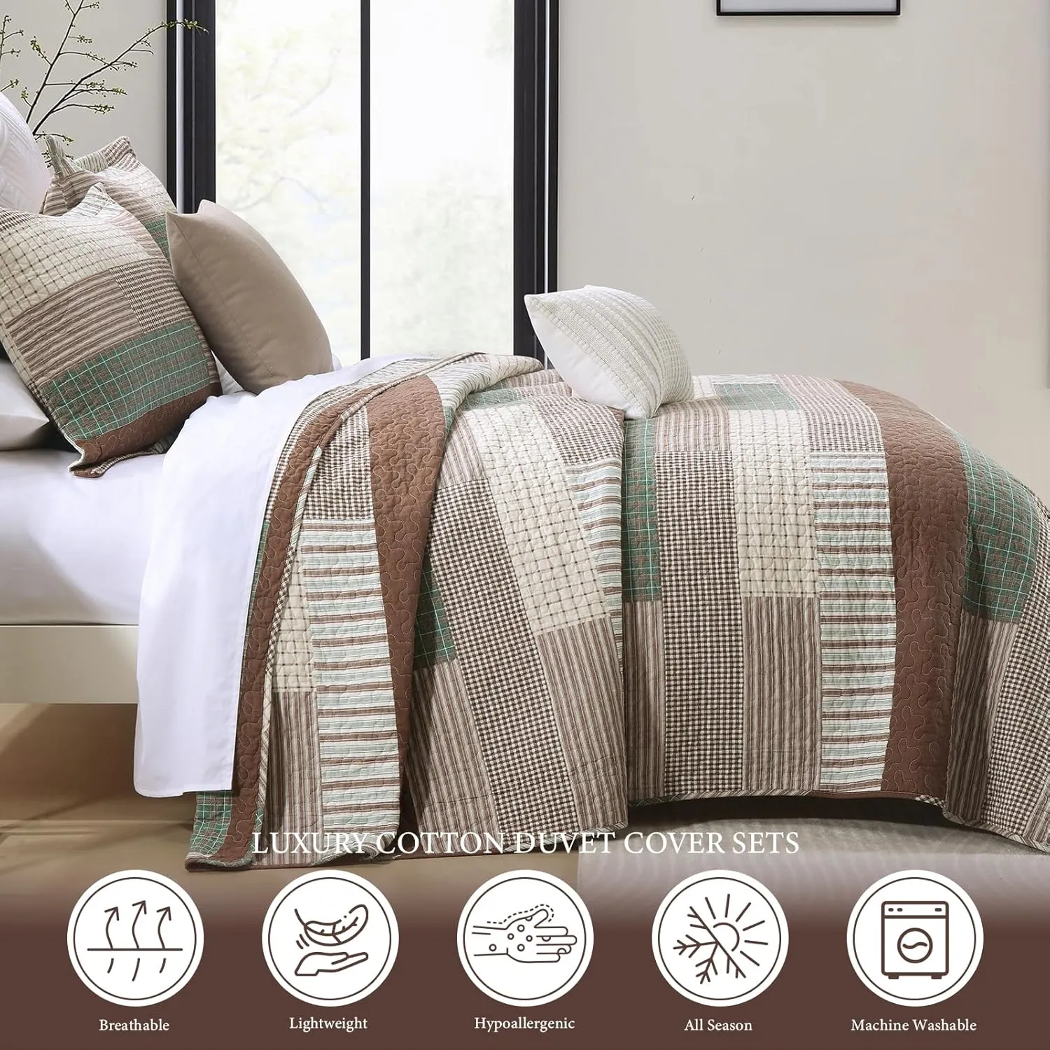 Uniclinens Plaid Quilt Queen Size, 100% Cotton Patchwork Quilt Bedding Set, Brown Lightweight Farmhouse Bedspread/Coverlet/Comforter Set, 3 Pieces Set with 2 Pillowshams, Brown/Green/Cream