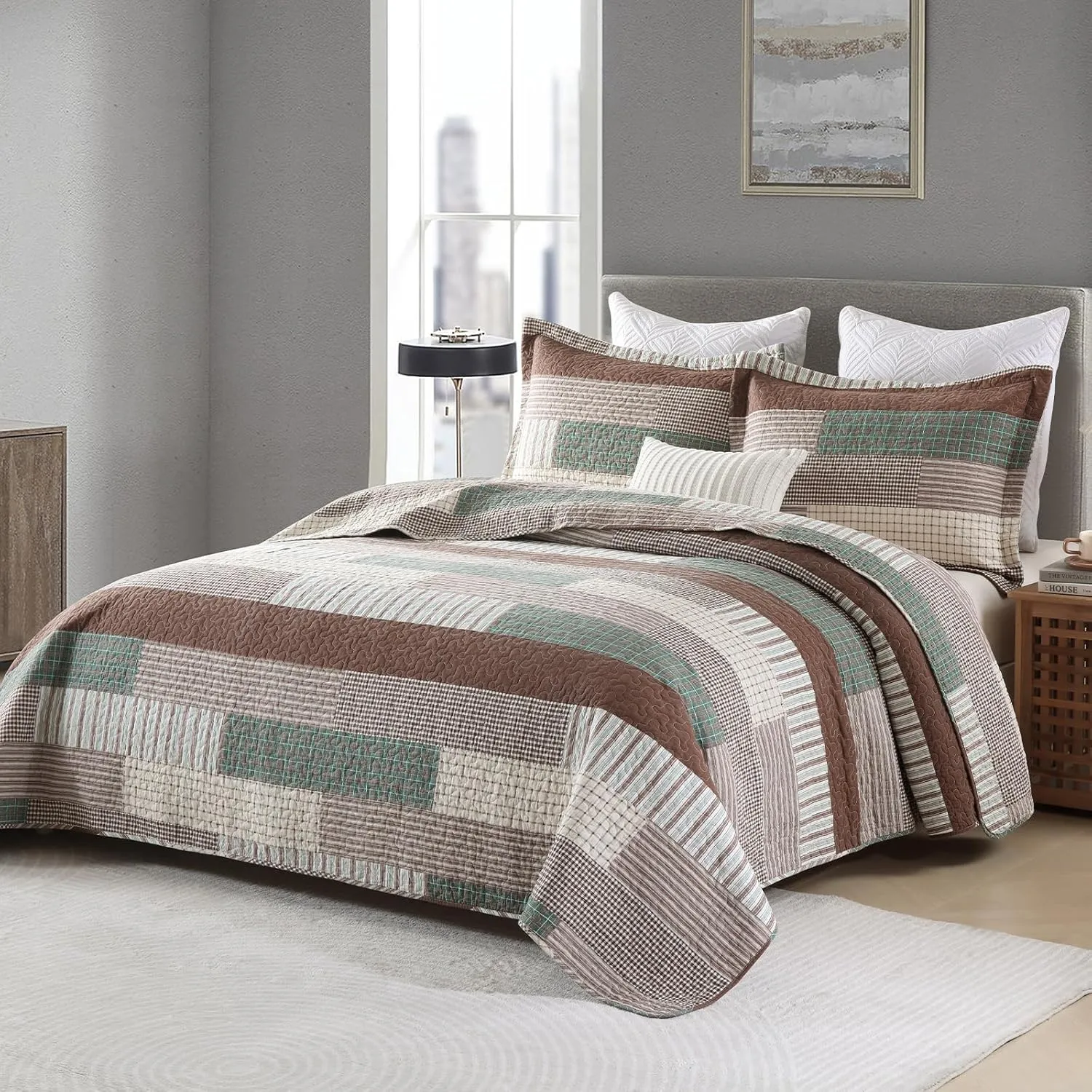 Uniclinens Plaid Quilt Queen Size, 100% Cotton Patchwork Quilt Bedding Set, Brown Lightweight Farmhouse Bedspread/Coverlet/Comforter Set, 3 Pieces Set with 2 Pillowshams, Brown/Green/Cream