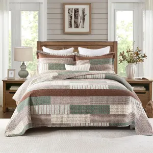 Uniclinens Plaid Quilt Queen Size, 100% Cotton Patchwork Quilt Bedding Set, Brown Lightweight Farmhouse Bedspread/Coverlet/Comforter Set, 3 Pieces Set with 2 Pillowshams, Brown/Green/Cream
