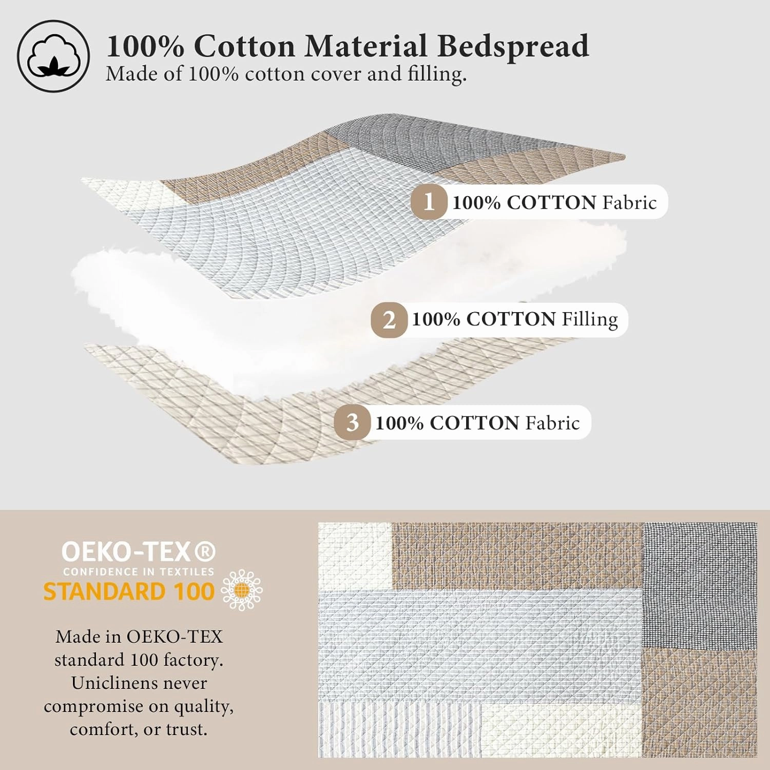 Uniclinens Quilt Set Queen Size, 100% Cotton Quilted Quilt Bedding Set Bedspread, Patchwork Plaid Quilt, Lightweight Quilted Comforter Set, 3 Pieces Set with 2 Pillowshams, Brown/Beige/Gray