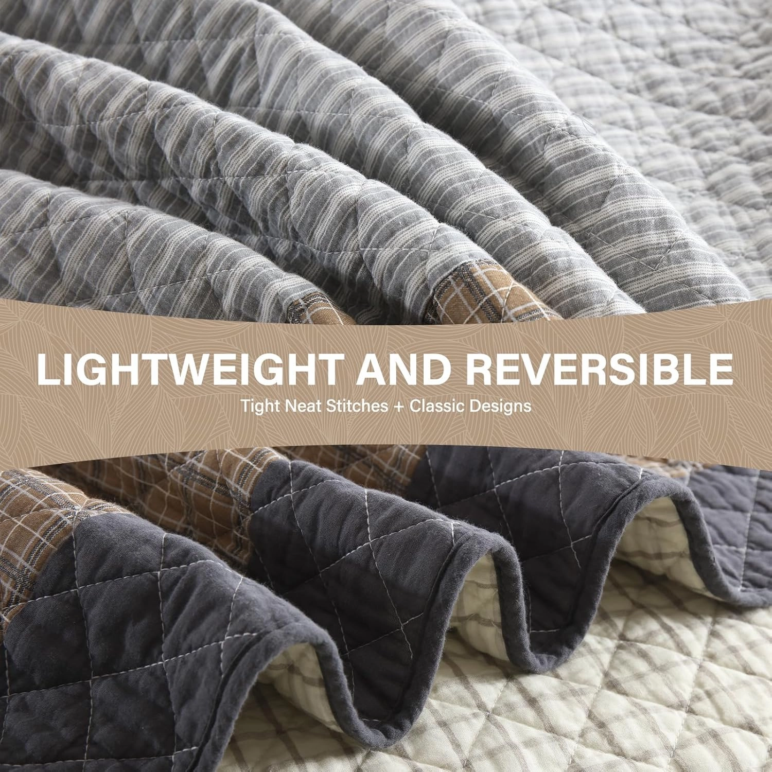 Uniclinens Quilt Set Queen Size, 100% Cotton Quilted Quilt Bedding Set Bedspread, Patchwork Plaid Quilt, Lightweight Quilted Comforter Set, 3 Pieces Set with 2 Pillowshams, Brown/Beige/Gray