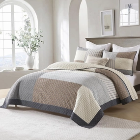 Uniclinens Quilt Set Queen Size, 100% Cotton Quilted Quilt Bedding Set Bedspread, Patchwork Plaid Quilt, Lightweight Quilted Comforter Set, 3 Pieces Set with 2 Pillowshams, Brown/Beige/Gray