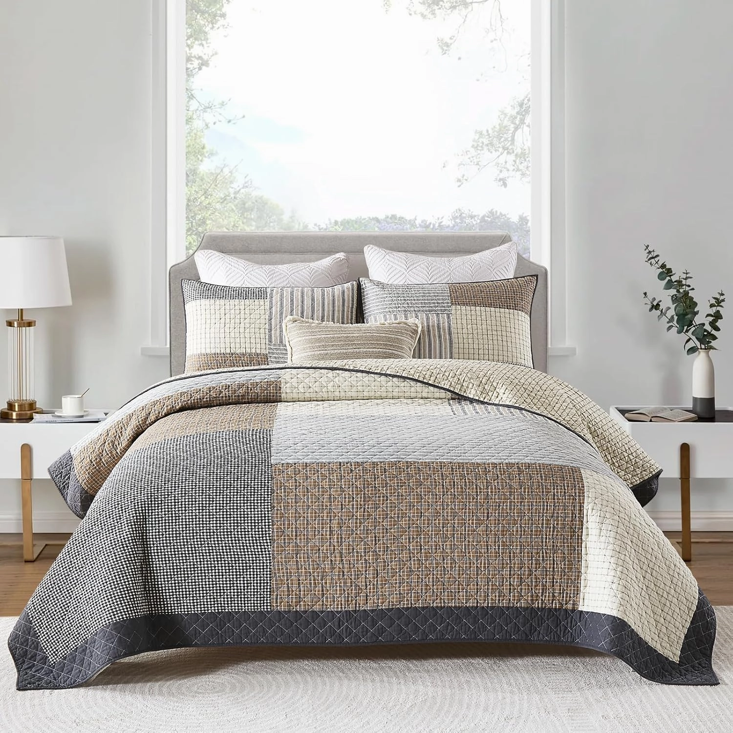 Uniclinens Quilt Set Queen Size, 100% Cotton Quilted Quilt Bedding Set Bedspread, Patchwork Plaid Quilt, Lightweight Quilted Comforter Set, 3 Pieces Set with 2 Pillowshams, Brown/Beige/Gray