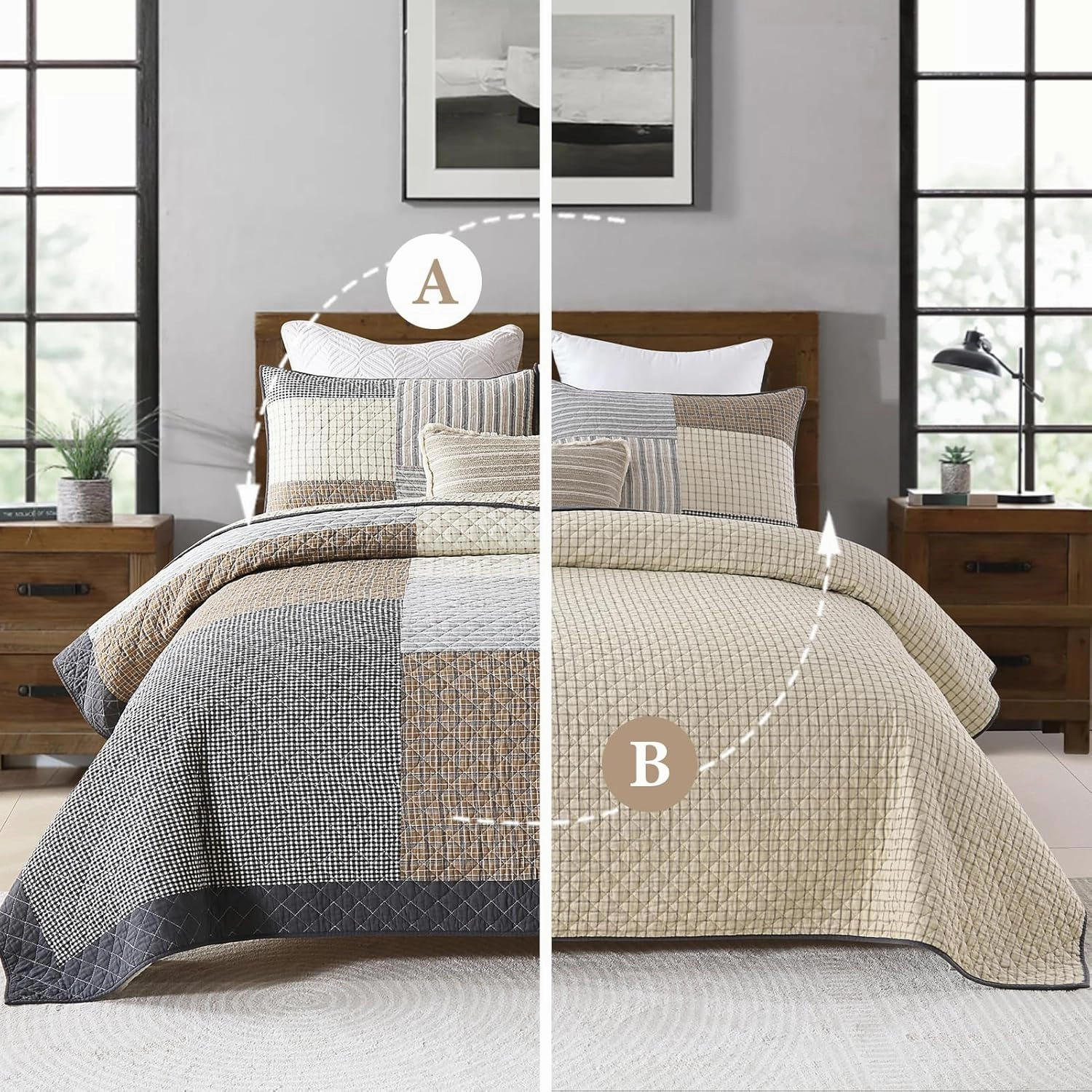 Uniclinens Quilt Set Queen Size, 100% Cotton Quilted Quilt Bedding Set Bedspread, Patchwork Plaid Quilt, Lightweight Quilted Comforter Set, 3 Pieces Set with 2 Pillowshams, Brown/Beige/Gray