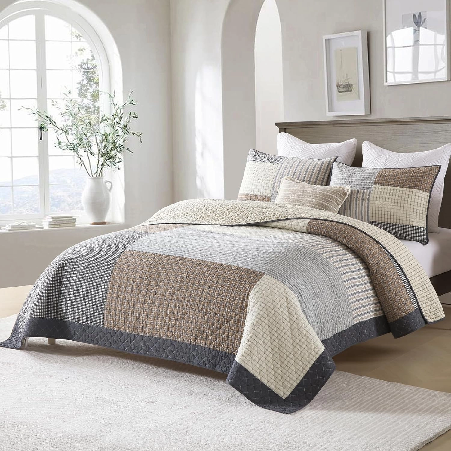 Uniclinens Quilt Set Queen Size, 100% Cotton Quilted Quilt Bedding Set Bedspread, Patchwork Plaid Quilt, Lightweight Quilted Comforter Set, 3 Pieces Set with 2 Pillowshams, Brown/Beige/Gray