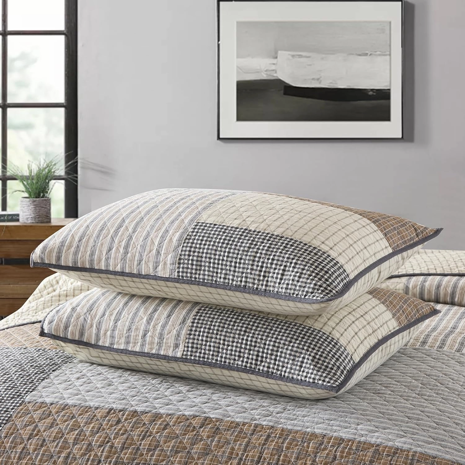 Uniclinens Quilt Set Queen Size, 100% Cotton Quilted Quilt Bedding Set Bedspread, Patchwork Plaid Quilt, Lightweight Quilted Comforter Set, 3 Pieces Set with 2 Pillowshams, Brown/Beige/Gray