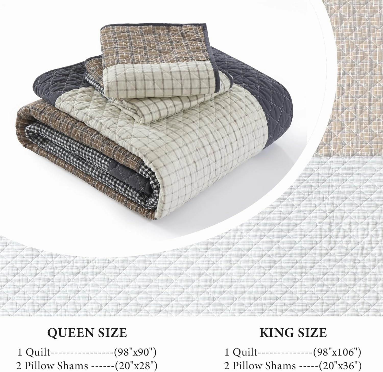 Uniclinens Quilt Set Queen Size, 100% Cotton Quilted Quilt Bedding Set Bedspread, Patchwork Plaid Quilt, Lightweight Quilted Comforter Set, 3 Pieces Set with 2 Pillowshams, Brown/Beige/Gray
