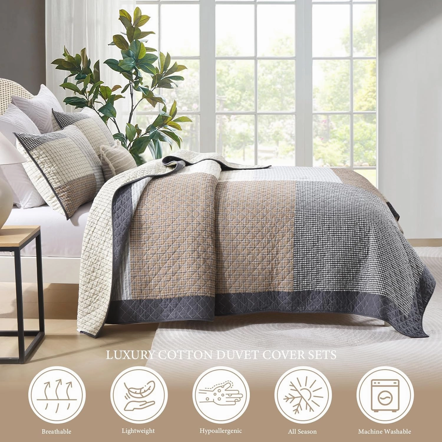 Uniclinens Quilt Set Queen Size, 100% Cotton Quilted Quilt Bedding Set Bedspread, Patchwork Plaid Quilt, Lightweight Quilted Comforter Set, 3 Pieces Set with 2 Pillowshams, Brown/Beige/Gray