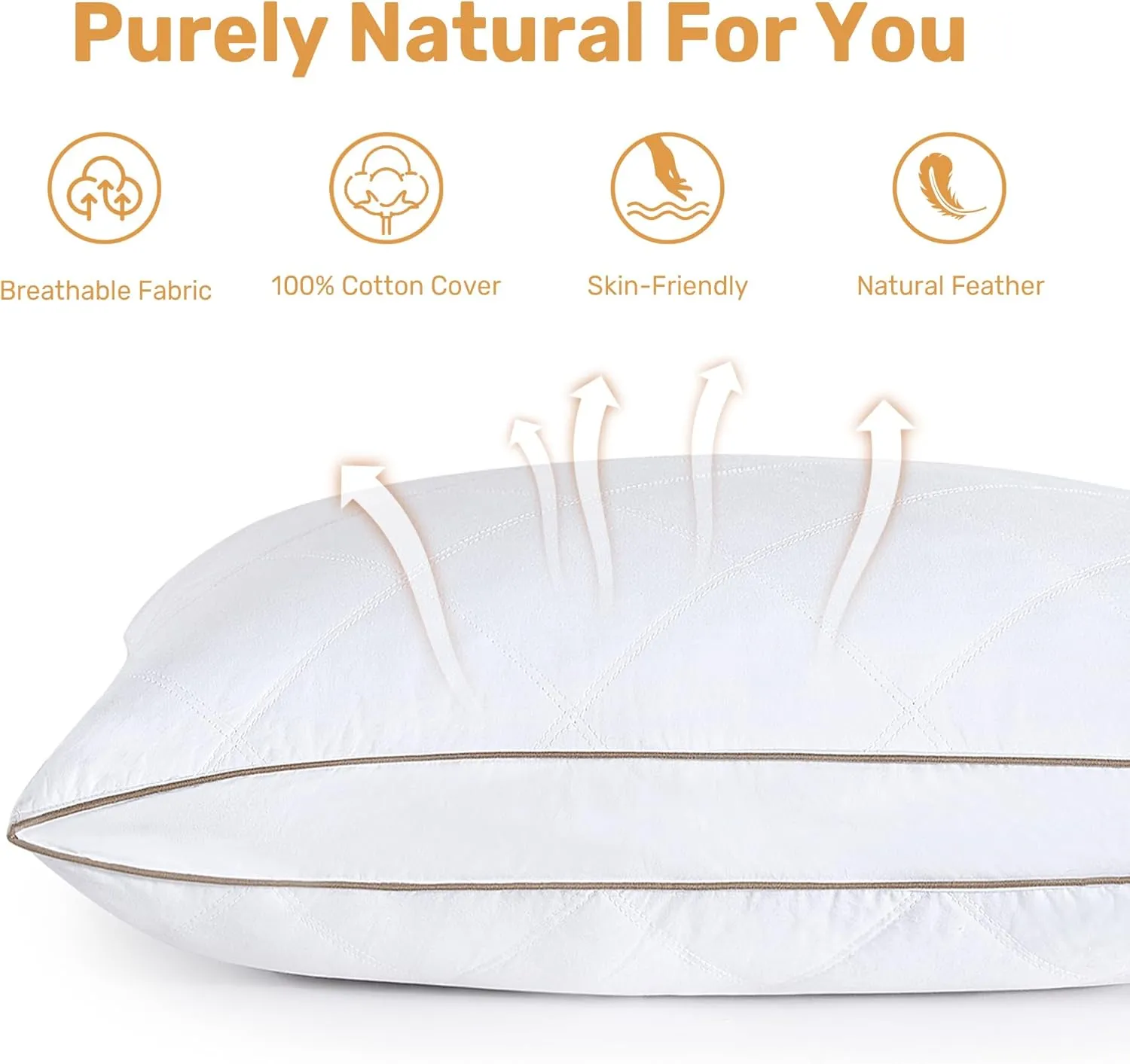 UNIKOME Natural Goose Down Feather Pillows Medium Firm Pillow with 100% Cotton Cover, Thick Gussted Bed Hotel Collection Pillows for Back,Stomach,Side Sleeping, Queen Size Set of 2