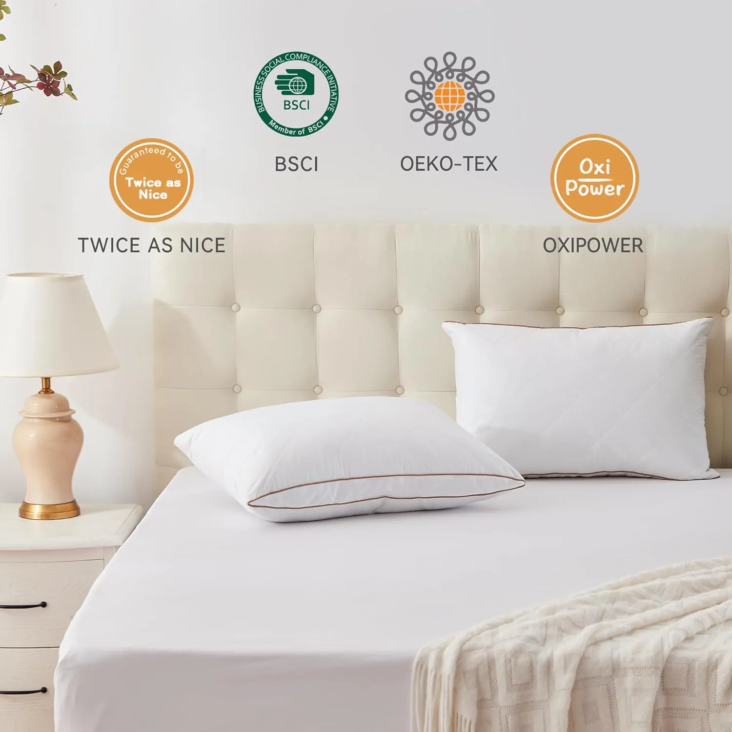 UNIKOME Natural Goose Down Feather Pillows Medium Firm Pillow with 100% Cotton Cover, Thick Gussted Bed Hotel Collection Pillows for Back,Stomach,Side Sleeping, Queen Size Set of 2