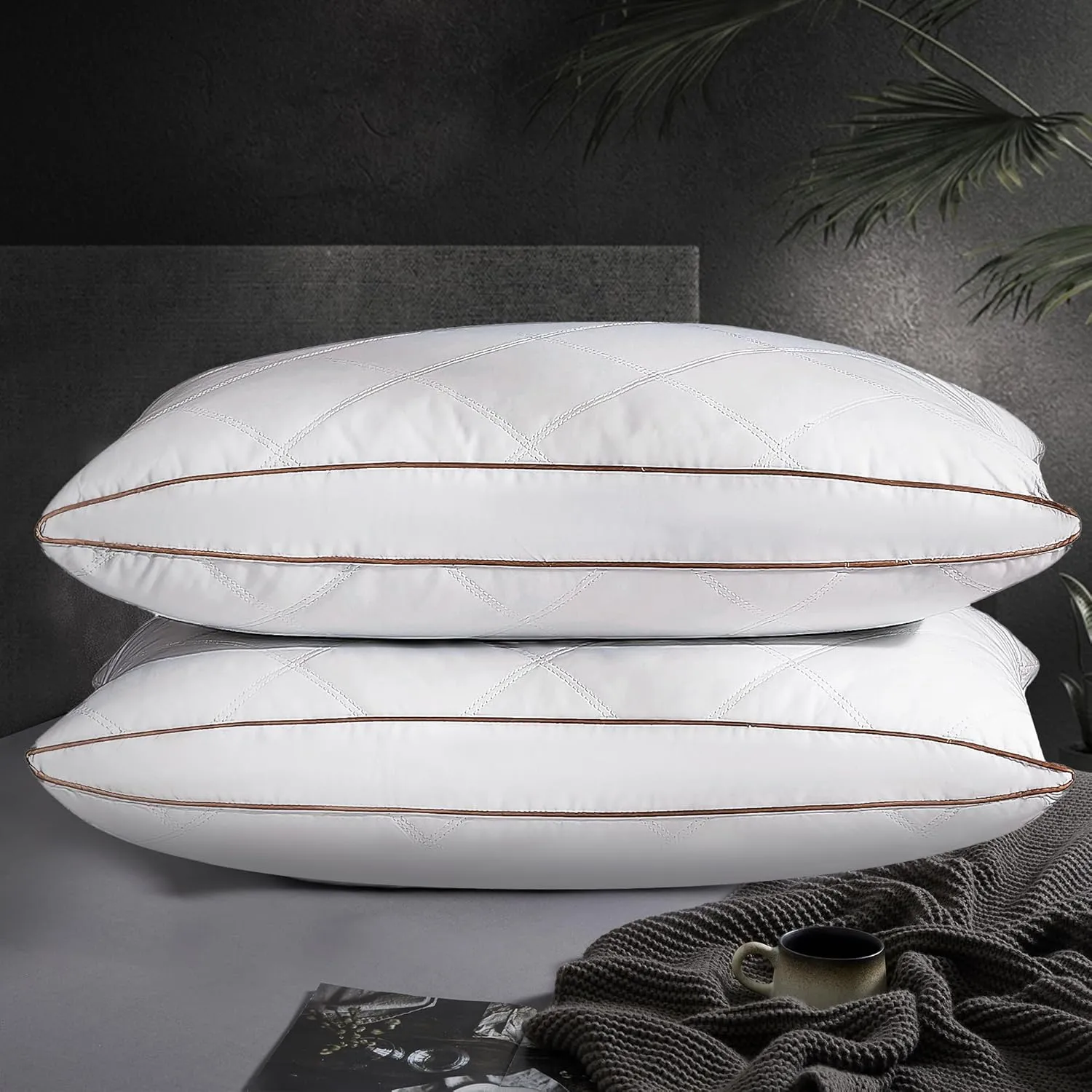 UNIKOME Natural Goose Down Feather Pillows Medium Firm Pillow with 100% Cotton Cover, Thick Gussted Bed Hotel Collection Pillows for Back,Stomach,Side Sleeping, Queen Size Set of 2