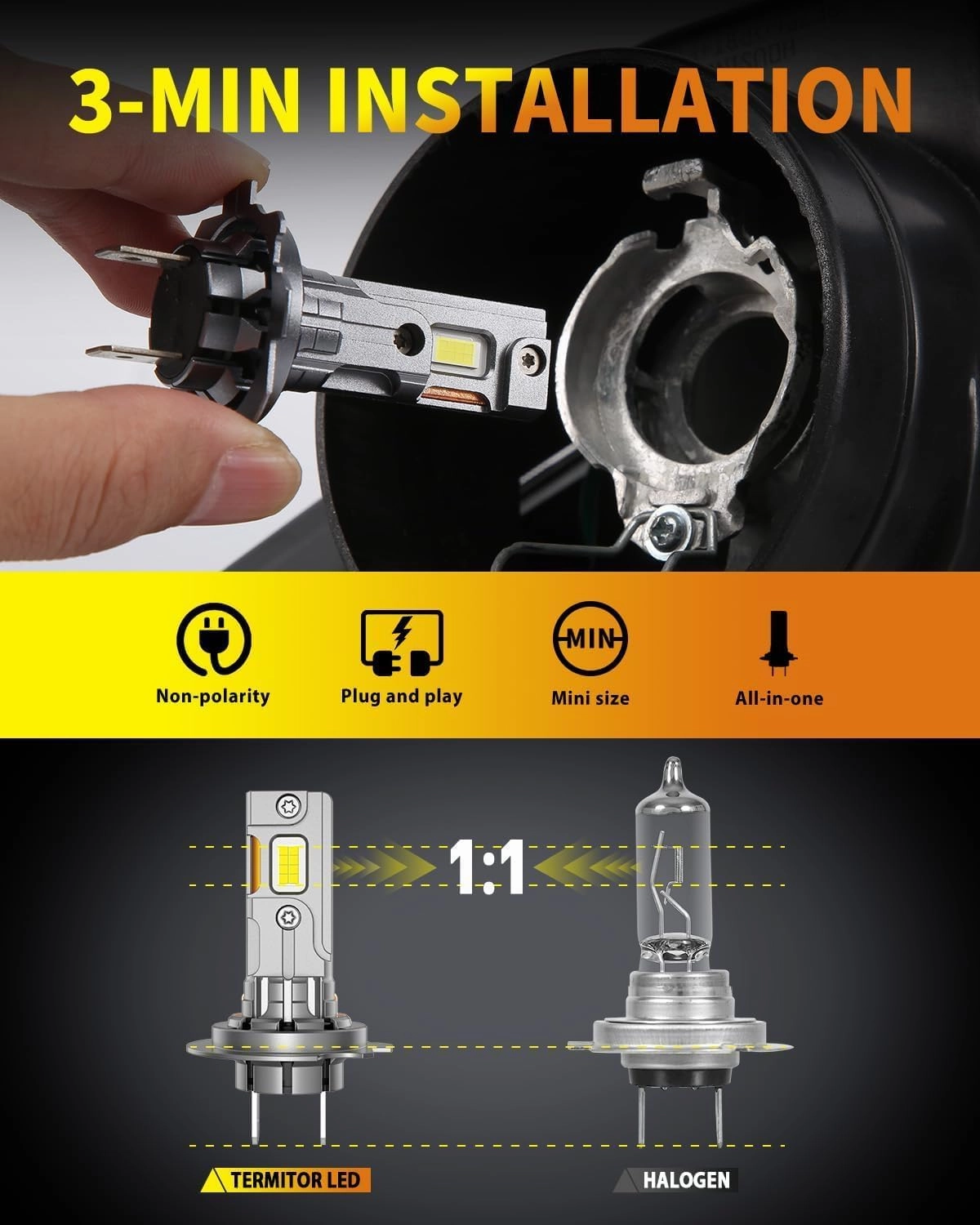 Upgraded H7 LED Bulbs, 45000LM 10X Brightness, 6500K White Super Bright, 1:1 Halogen Size, W/CSP Chips H7 H7LL Fog Lights, No Adapter Required Easy Install, Non-polarity, Pack of 2