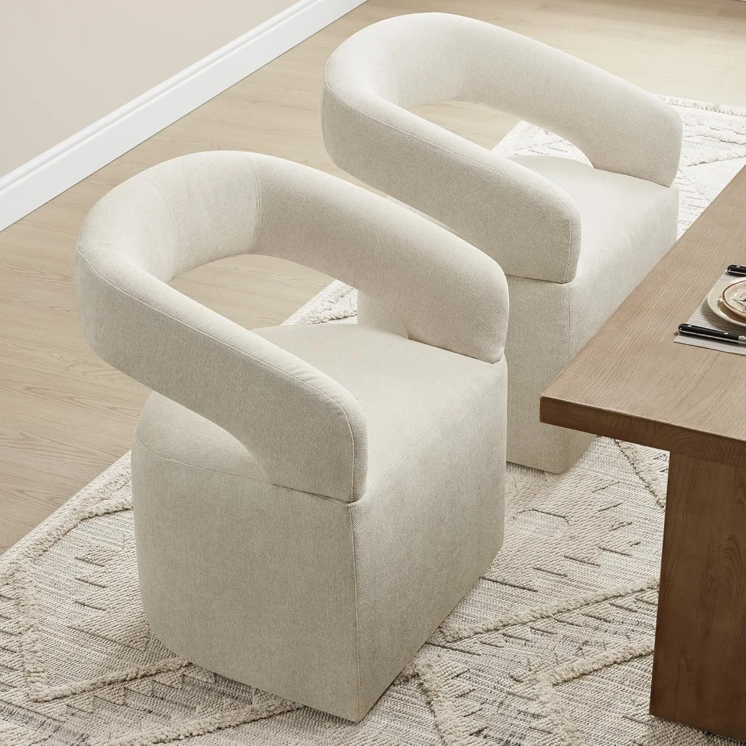 Upholstered Dining Chairs with Casters Easy Assembly Require Modern Barrel Armchair with Rollers for Diningroom Bedroom Livingroom Reading Room,Set of 2,Cream Beige