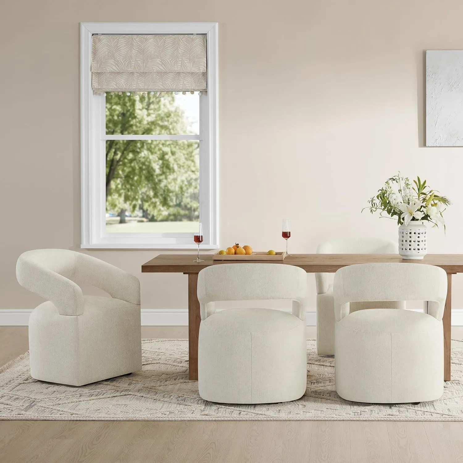 Upholstered Dining Chairs with Casters Easy Assembly Require Modern Barrel Armchair with Rollers for Diningroom Bedroom Livingroom Reading Room,Set of 2,Cream Beige