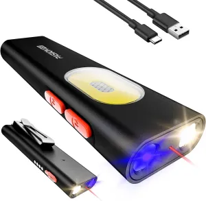 UV Rechargeable EDC Flashlight,1000 Lumens Flat Flashlights with Red Laser – Small LED Flash Light,Multi-Color Side Lights, Magnetic Base, USB-C Charging, Dual Switch for Checking, Working, Emergency