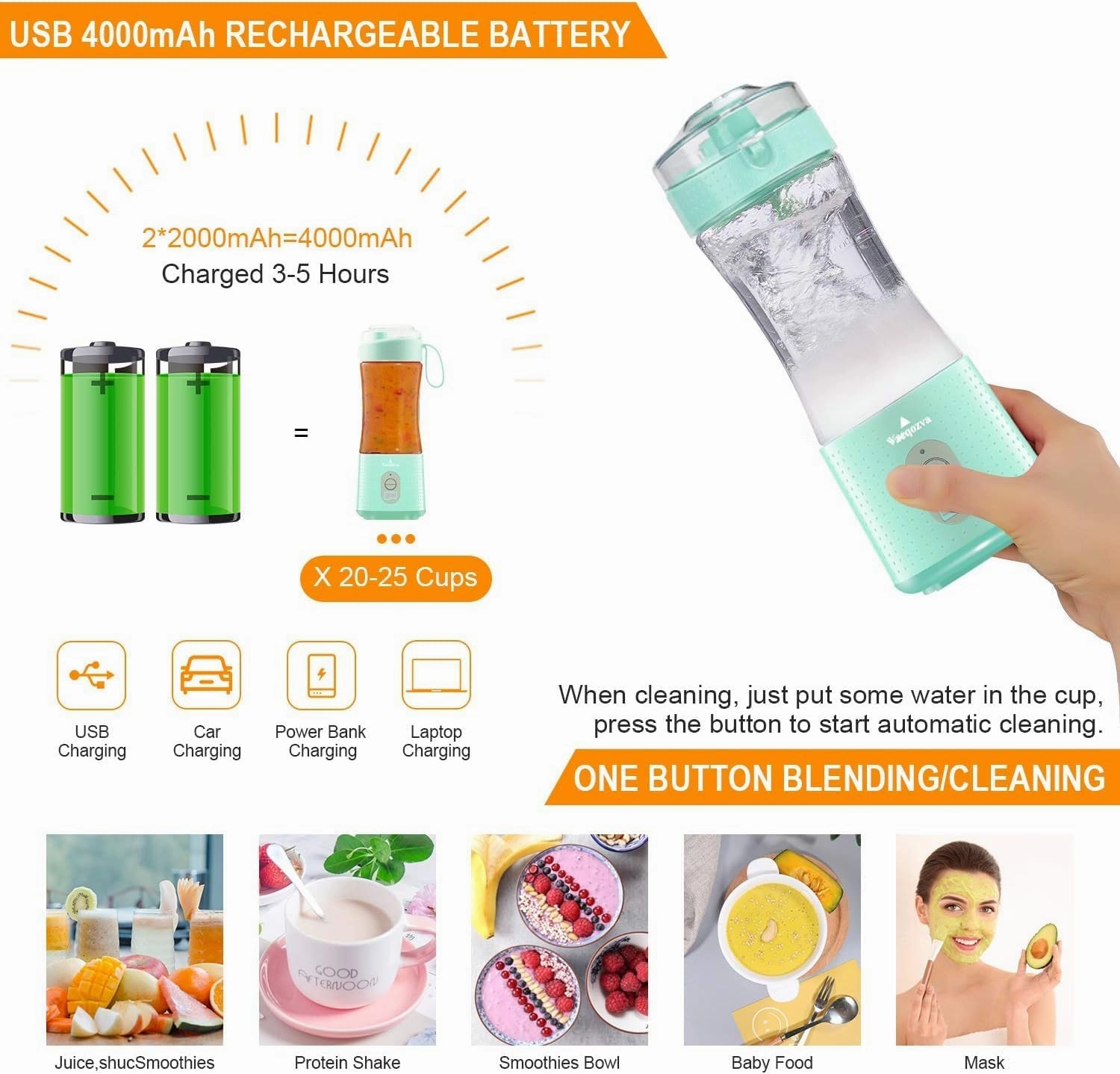 Vaeqozva Portable Blender USB Rechargeable Personal Mixer Fruit Mini Blender for Smoothie, Fruit Juice, Protein Shake, Milk Shakes Blue