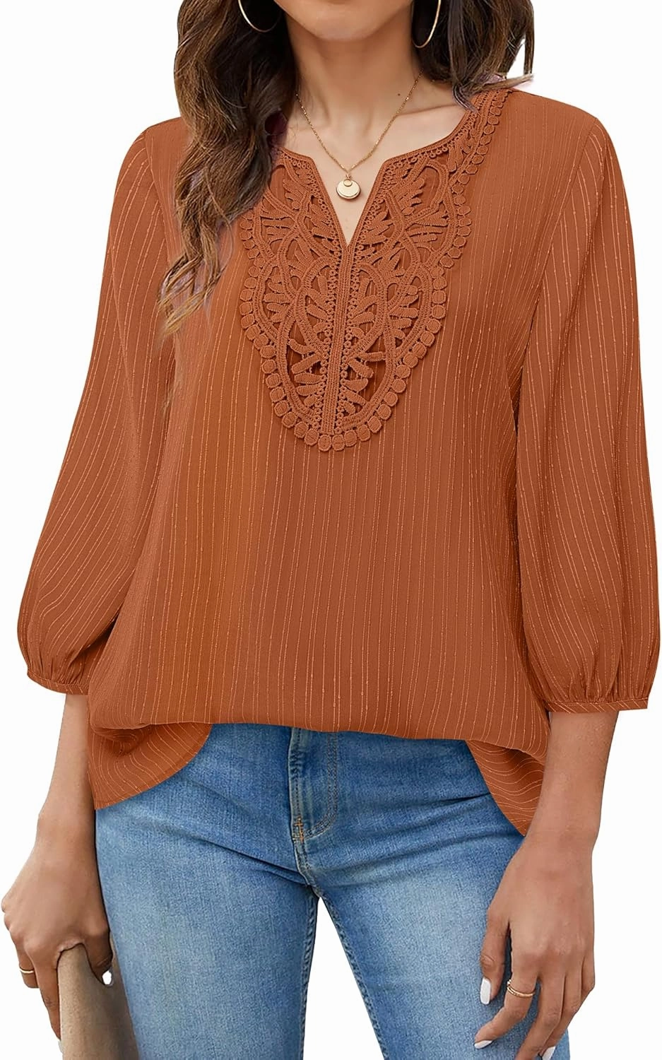 VALOLIA Women's Casual 3/4 Sleeve Chiffon Blouses V Neck Layered Embroidery Tunic Shirts